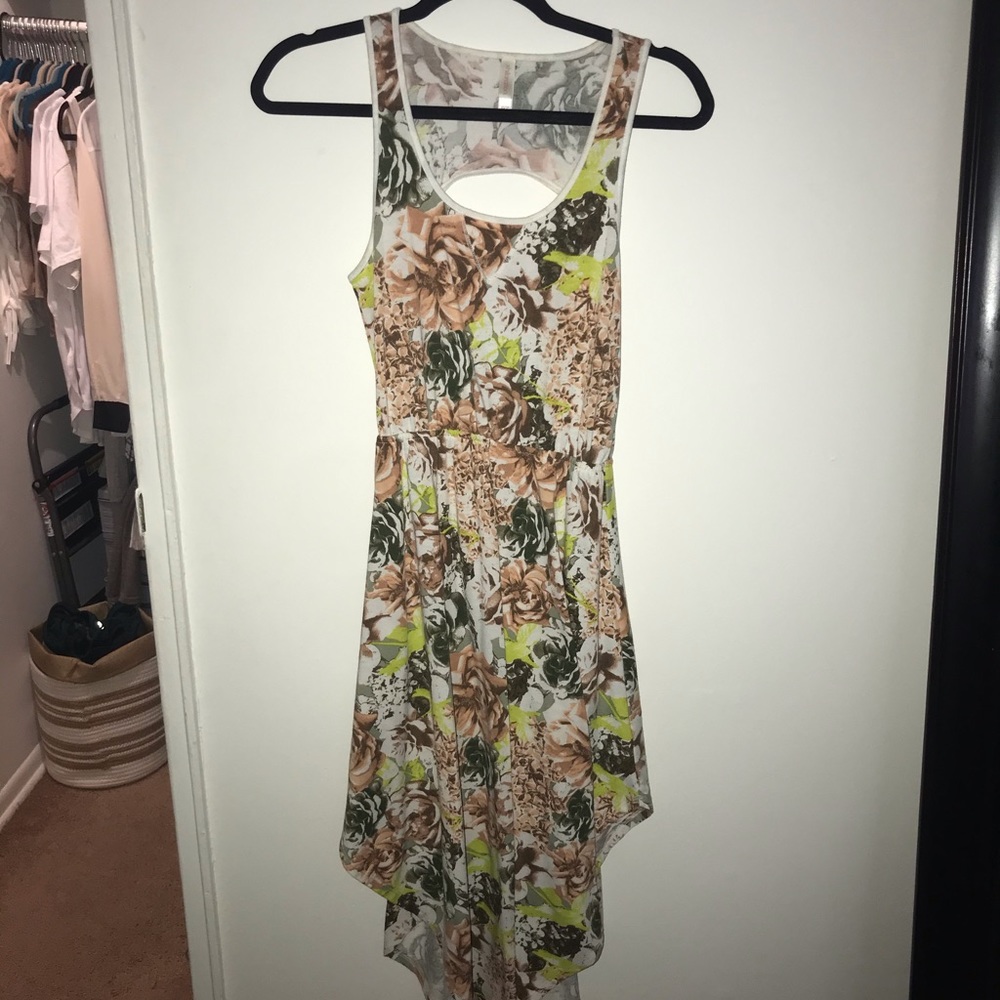 Asymmetrical cut out floral mid length dress